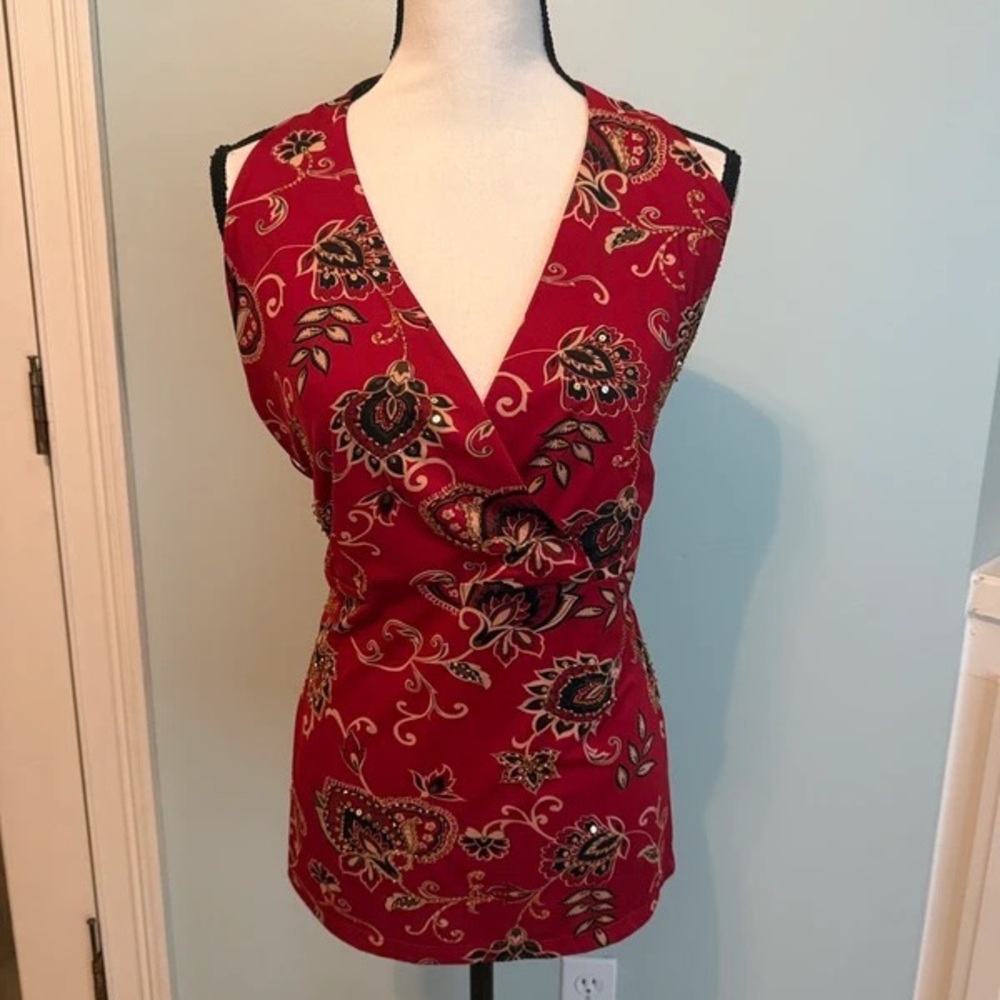 Sleeveless Red Floral Wrap-Style Women’s Top